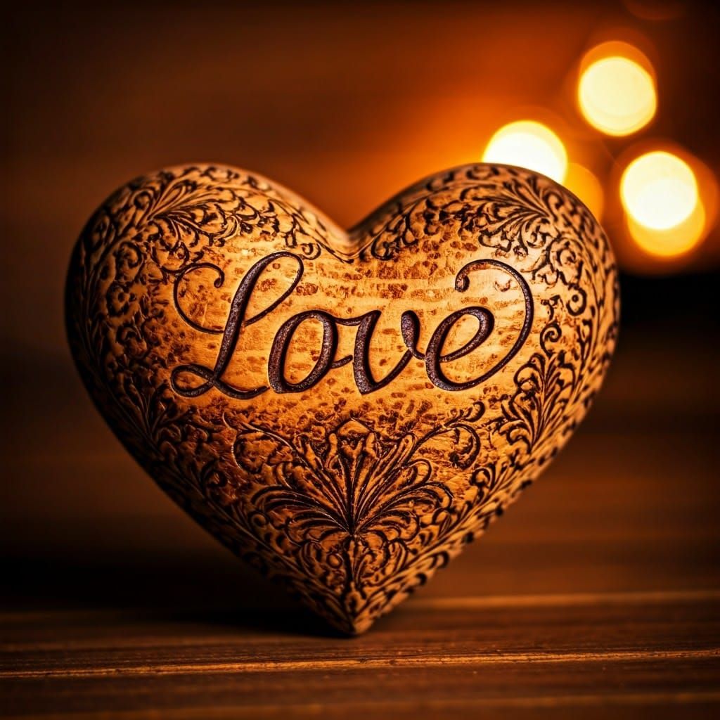 Intricately Carved Wooden Heart with Delicate Pyrography