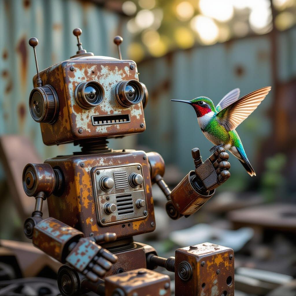 Rusty Robot and Hummingbird in Junkyard