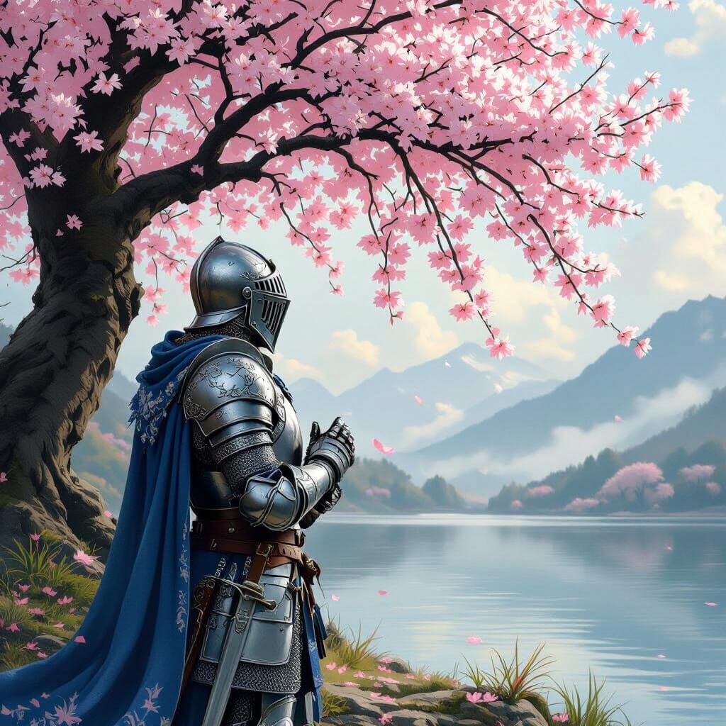 Knight Adoring Sakura Tree: Romantic Landscape