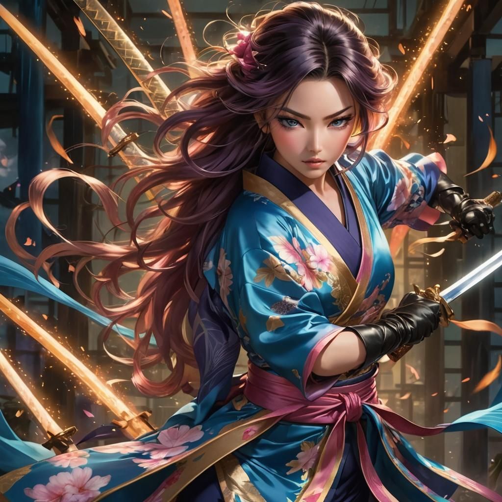 beautiful woman warrior on the attack surrounded by swords; ...