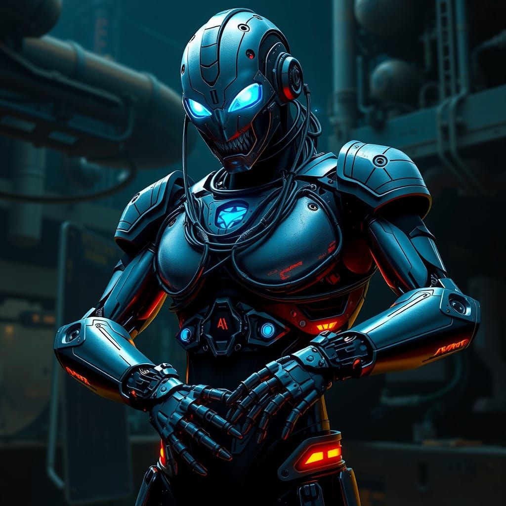 Cybernetic Warrior in Neon-Lit Futuristic Landscape