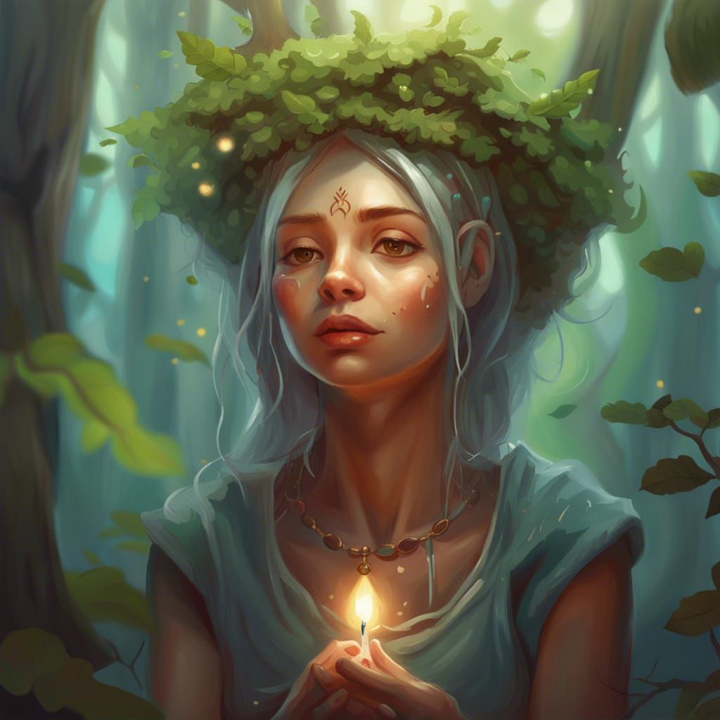Cute Woman Meditating in Forest: Digital Art