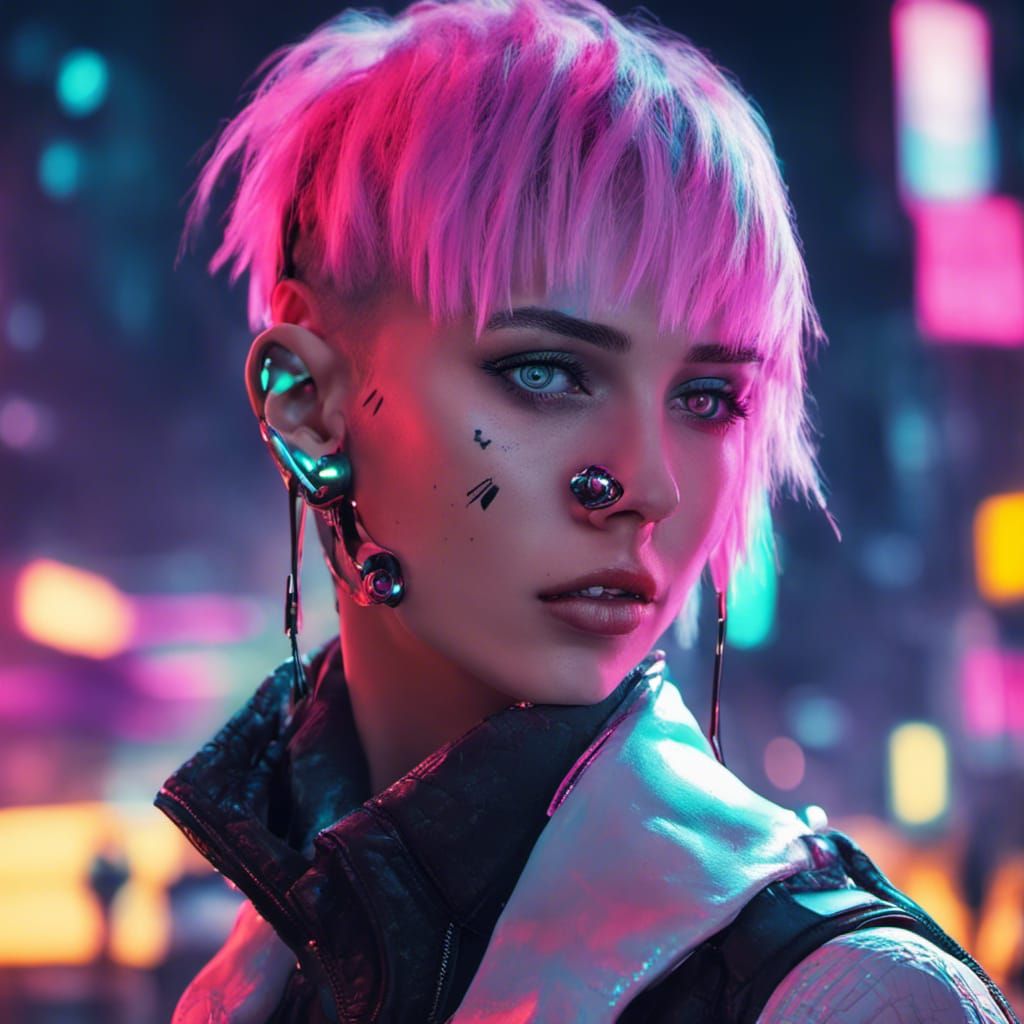 Cyberpunk Rocker Girl Portrait in Neon City
