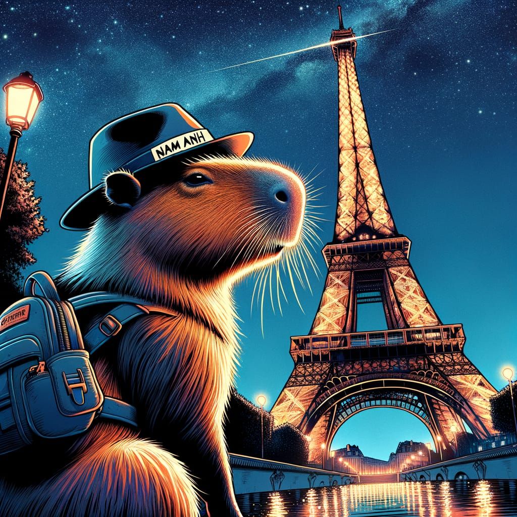 Capybara in Midnight Elegance Under the Eiffel Tower