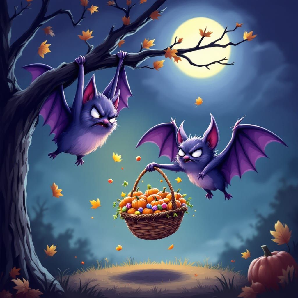 Whimsical Bats in Autumn Night Scene