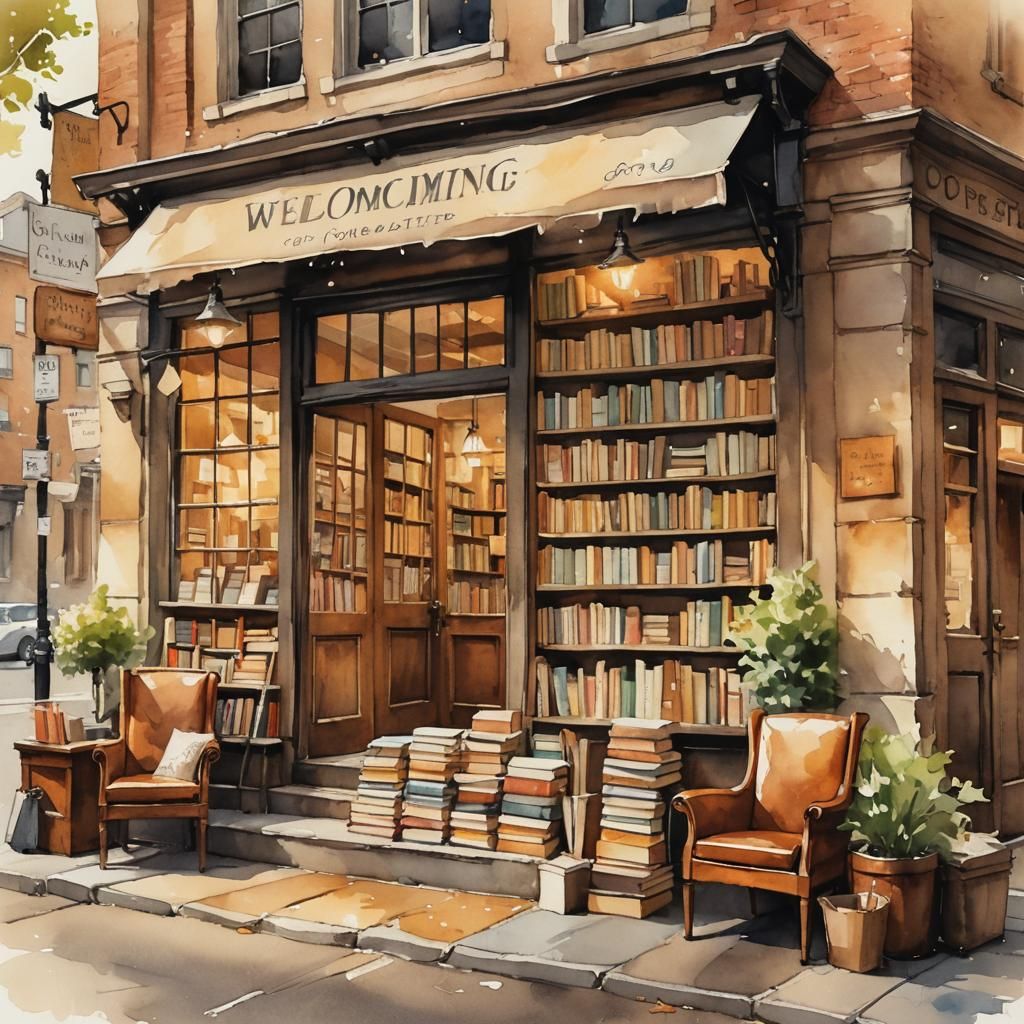 Whimsical Watercolor Bookstore Scene with Charming Atmospher...