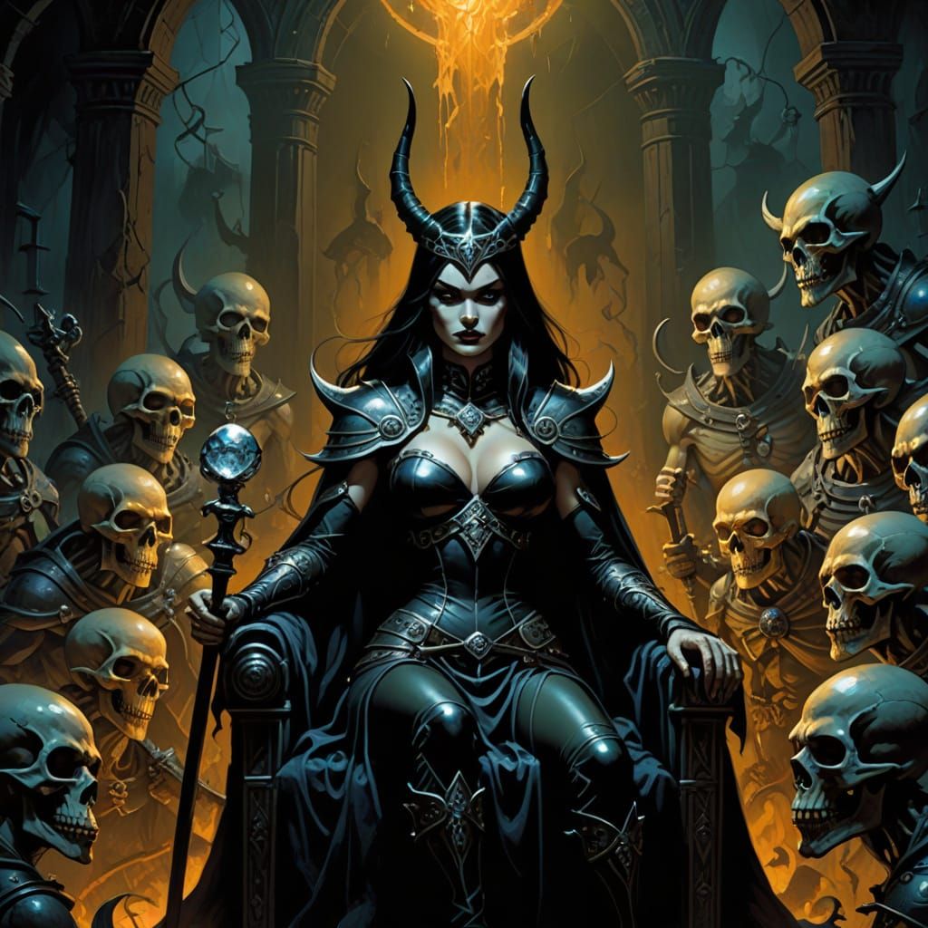 Sorceress on Skull Throne in Dark Fantasy Style