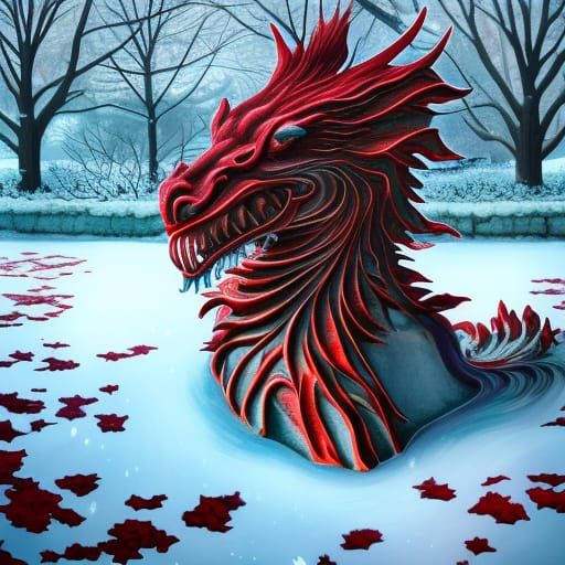 Festive Stone Dragon Sculpture in Hyperdetailed Digital Art