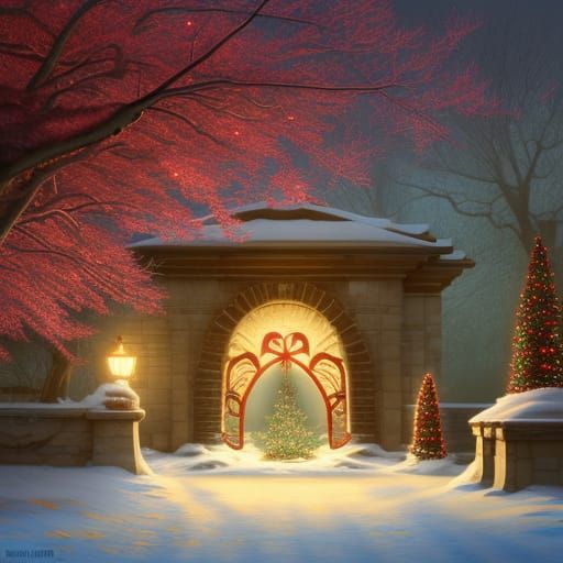 Christmas Ice Rink with Dragon Sculptures in Digital Art