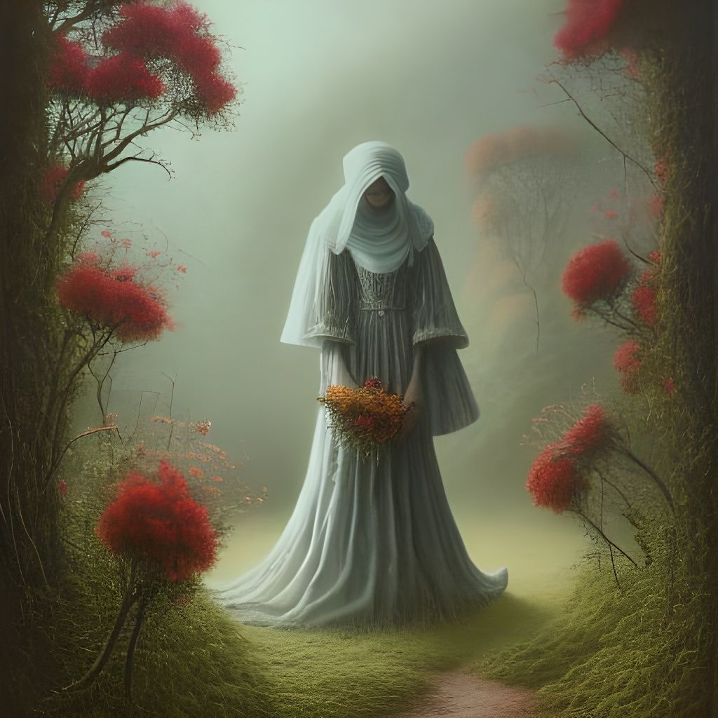 Whimsical Woman Amidst Lush Floral Vines in Dreamlike Fog