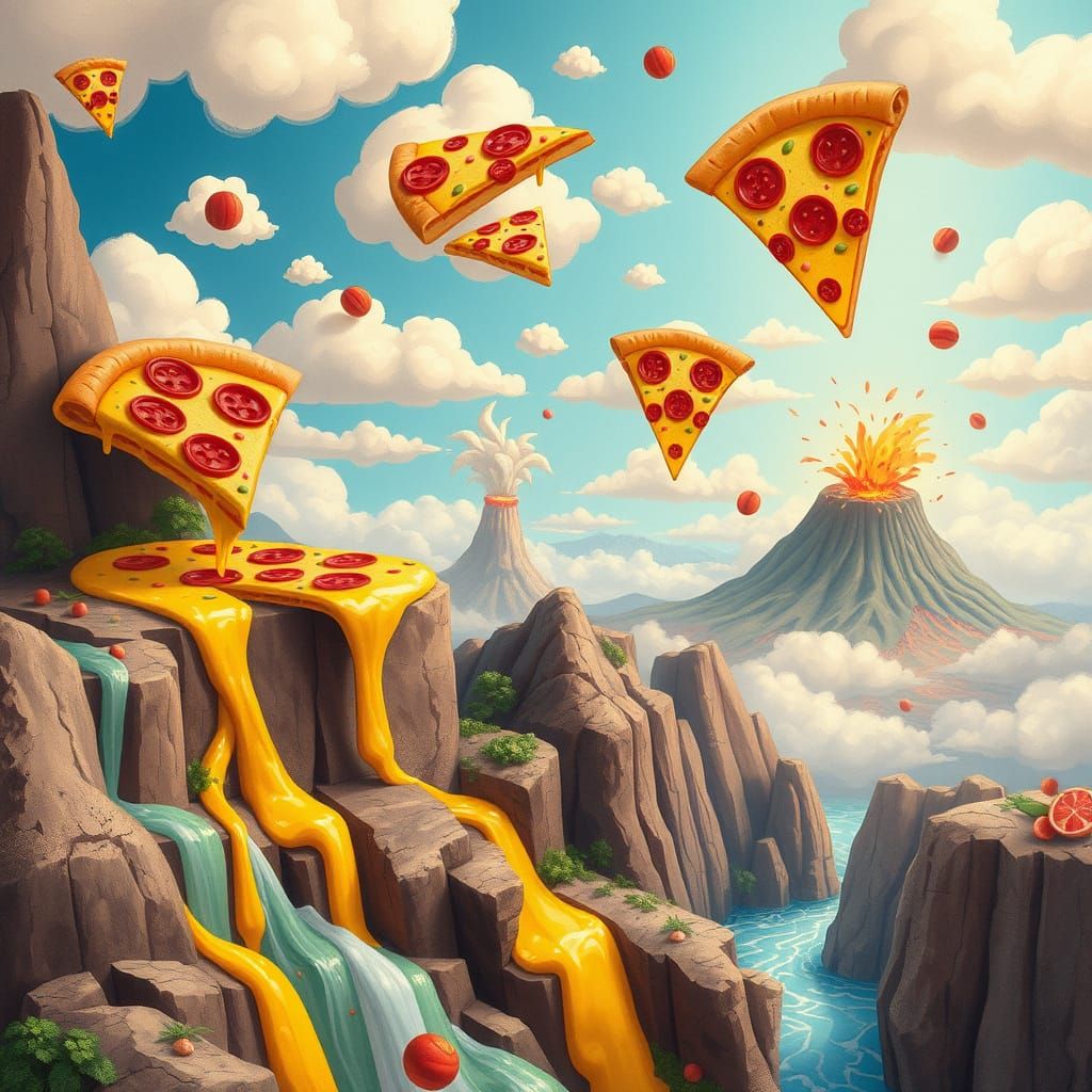 Surreal Pizza Paradise in Cartoon Style