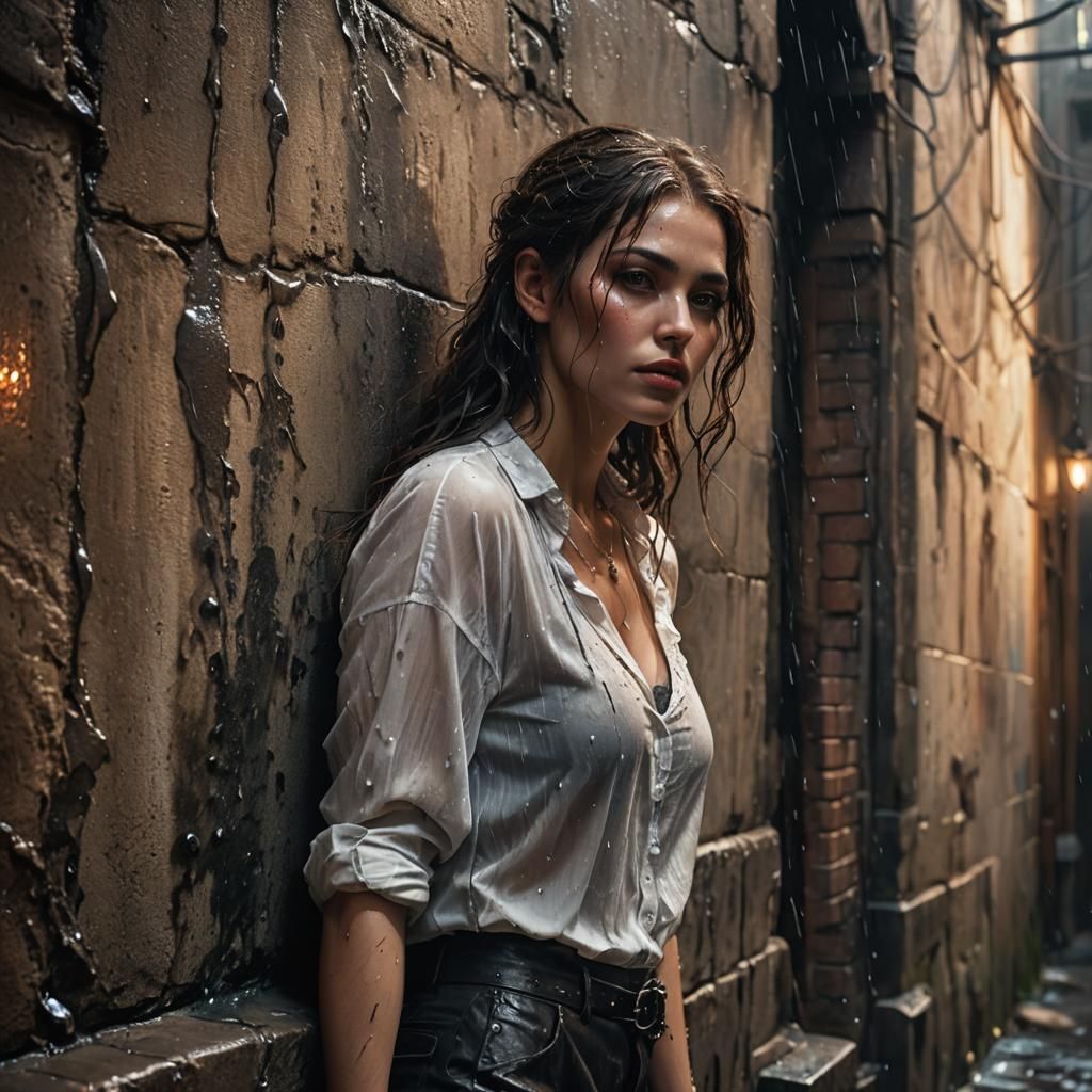 High-Fantasy Woman in Rainy Alleyway