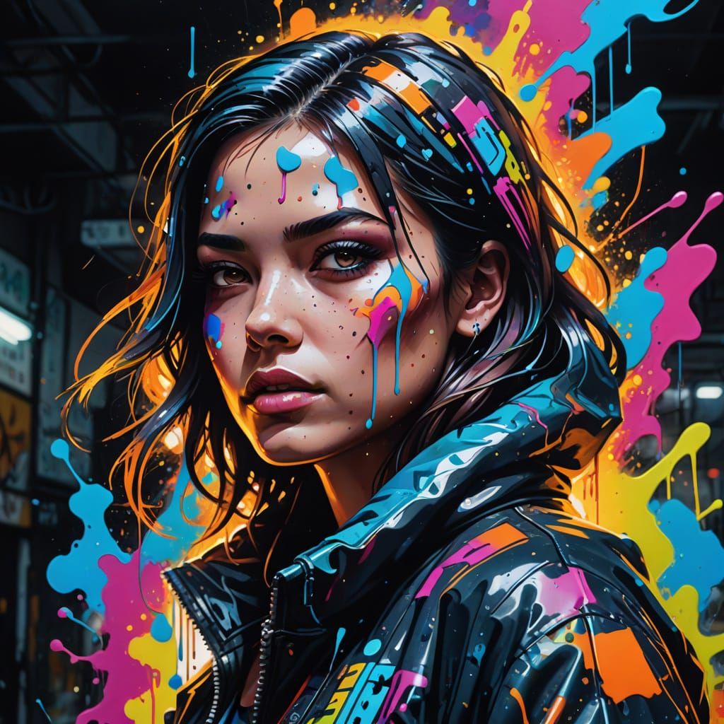 Vibrant Graffiti Art Portrait of Futuristic Woman