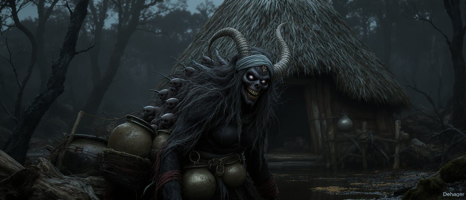Bog Witch with Humanoid Creatures in Dark Bog