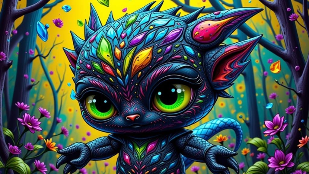 Vibrant, Impasto Creature in Whirling Fabric and Stained Gla...