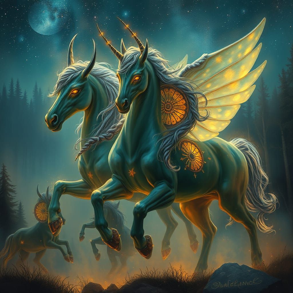 Ethereal Centaurs in Dreamy Night Landscape