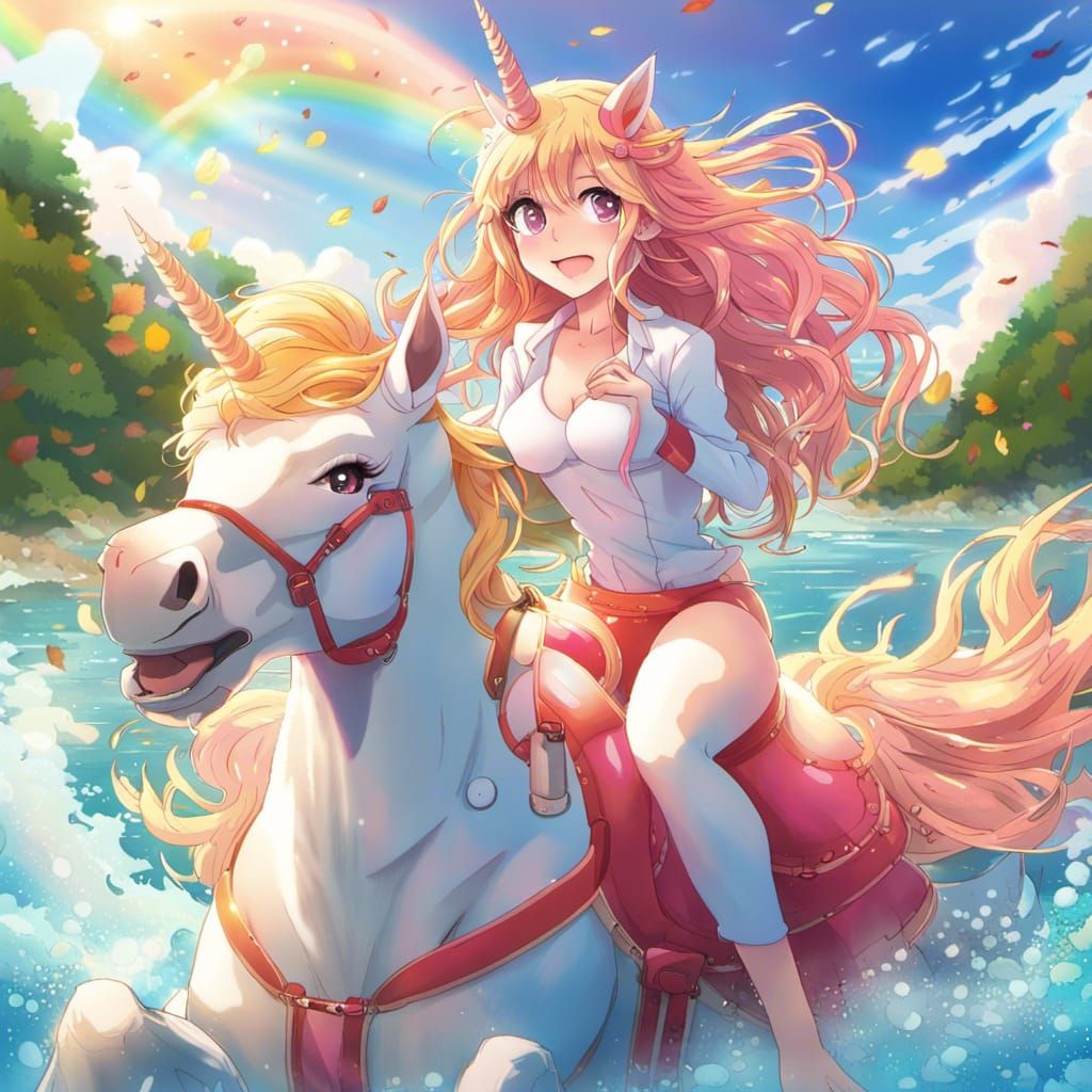 Anime Girl Rides Unicorn on Rainbow at Sunset