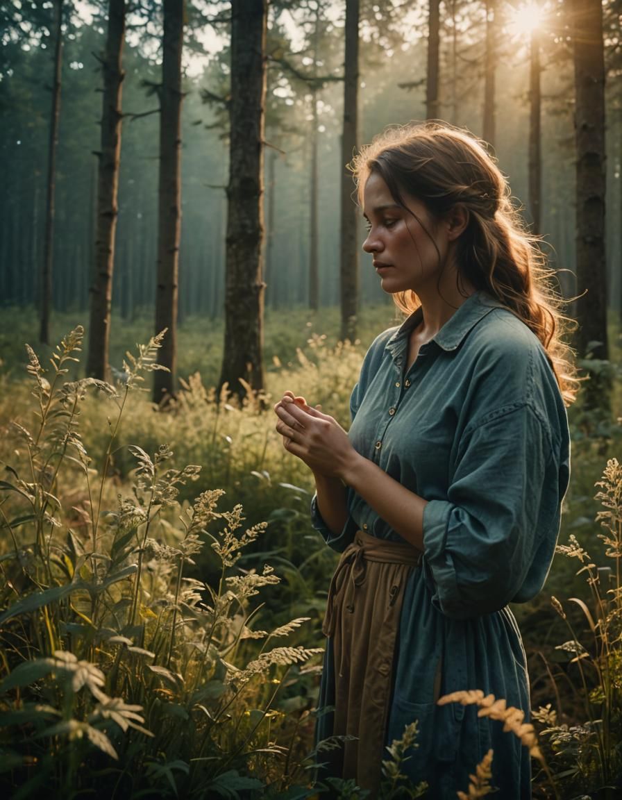 Serene Forest Scene with Woman in Golden Light