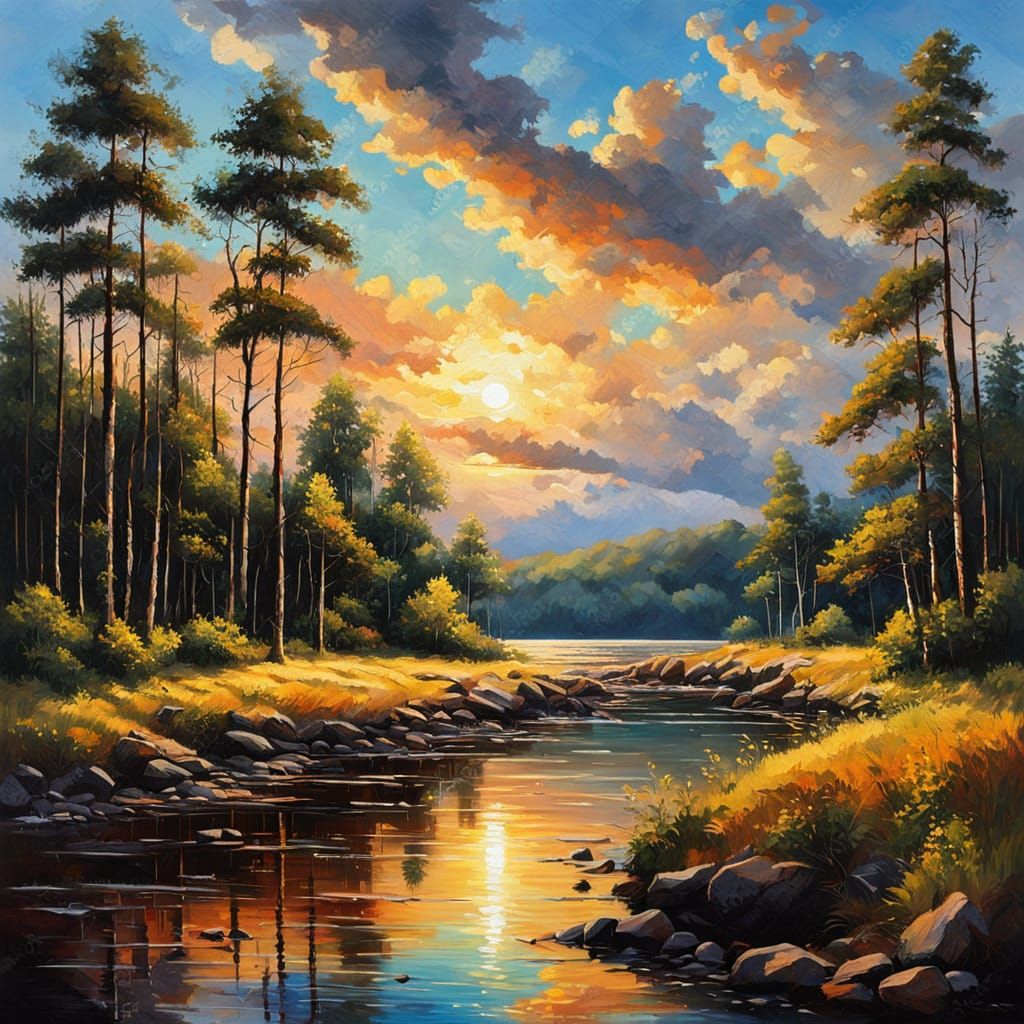 Wooded Shoreline Oil Painting at Golden Hour
