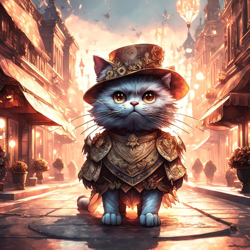 Elegant Kawaii Cat Strolls Victorian City Streets in Whimsic...