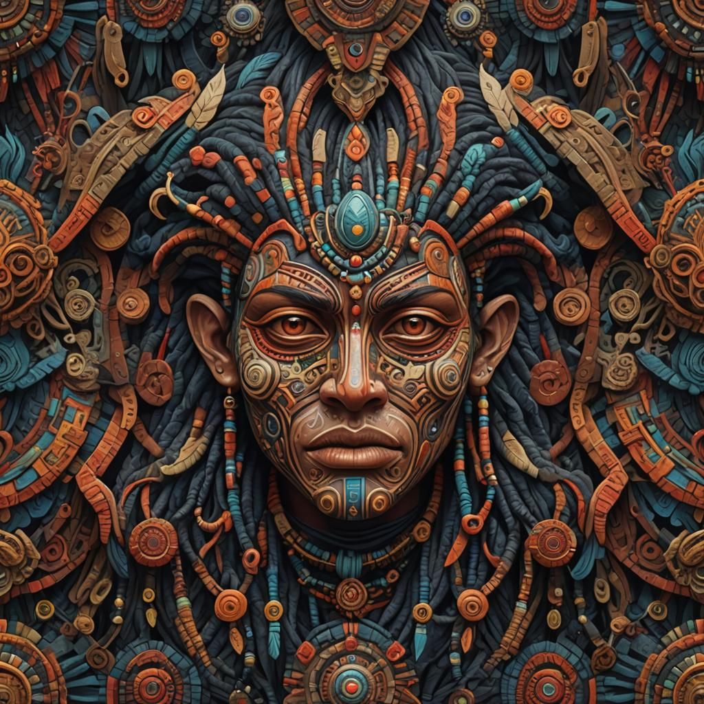 Woven Tribal Face Design in Detailed Matte Painting Style