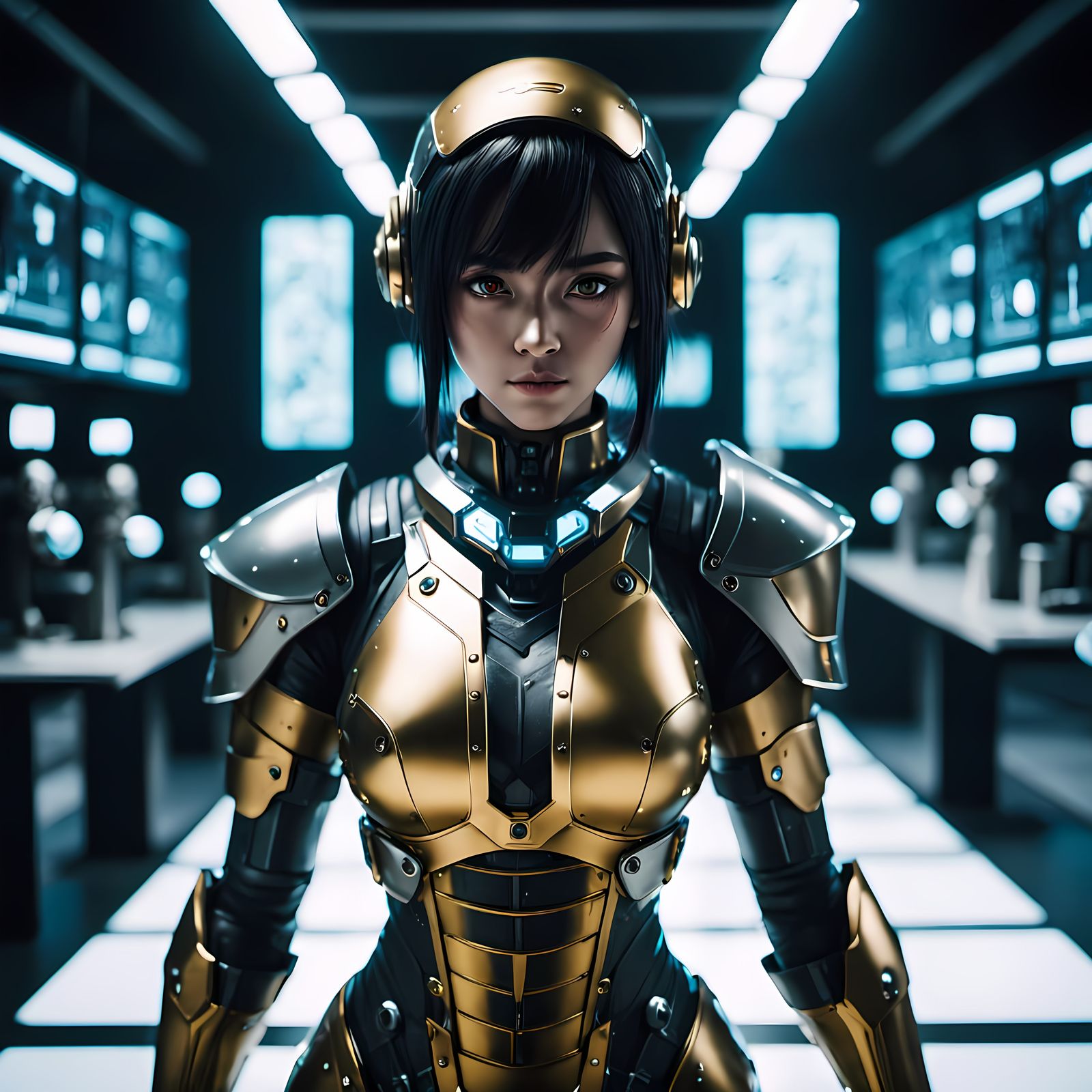 Anime Girl Gold Statue in Futuristic Lab