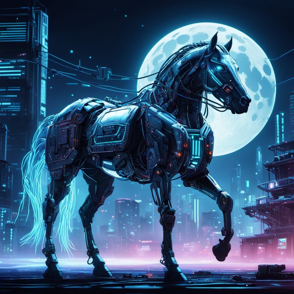 Transparent Cyborg Horse in Cyberpunk Style