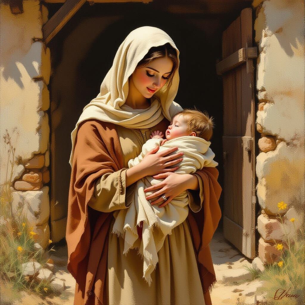 Mary and Jesus in Rustic Setting, Old Master Style