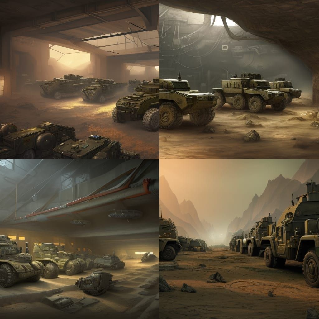 Military Vehicles in Bunker: Detailed Matte Painting