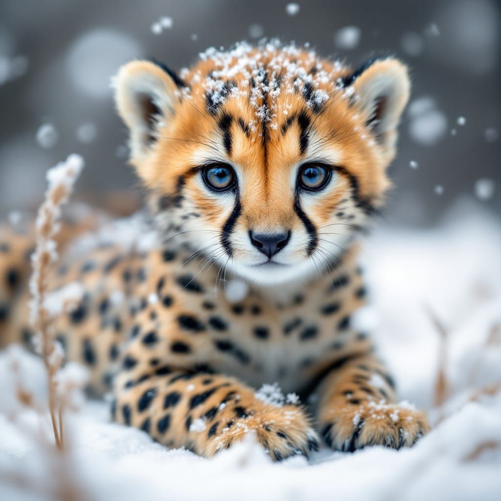 Baby Cheetah in Snowy Landscape, Realistic Portrait