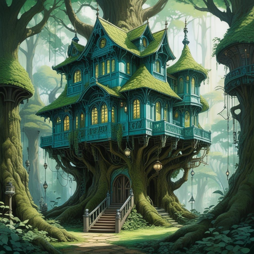 Ethereal Victorian Treehouse Mansion in Neon Lightblue