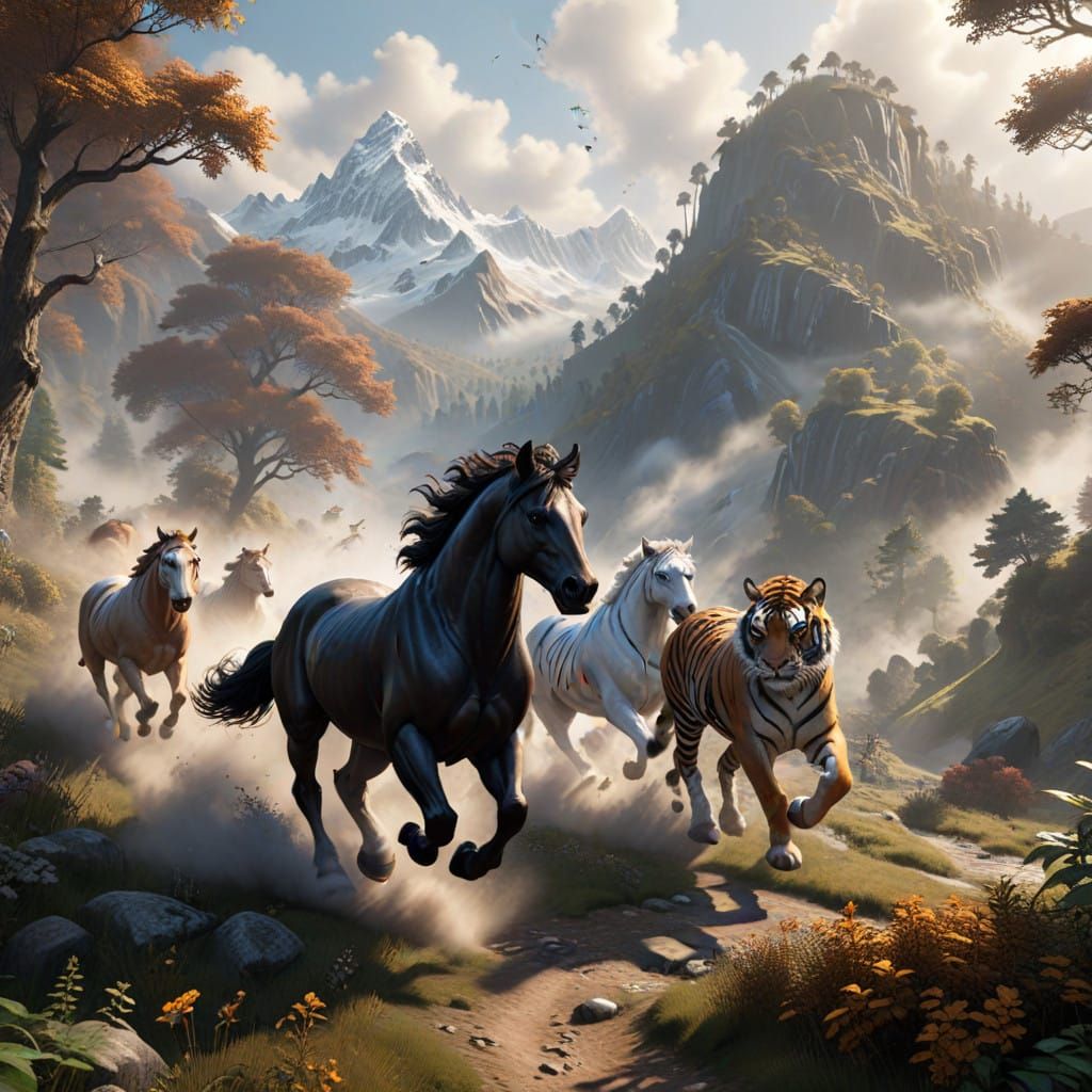 Ethereal Steampunk Horses and Tiger in the Misty Mountains