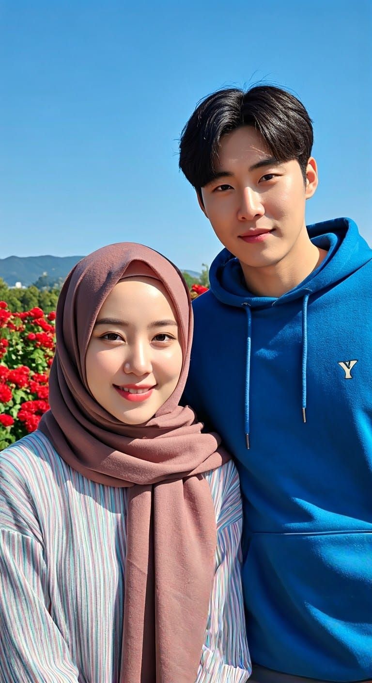Korean Couple in Roses, Realistic Photography