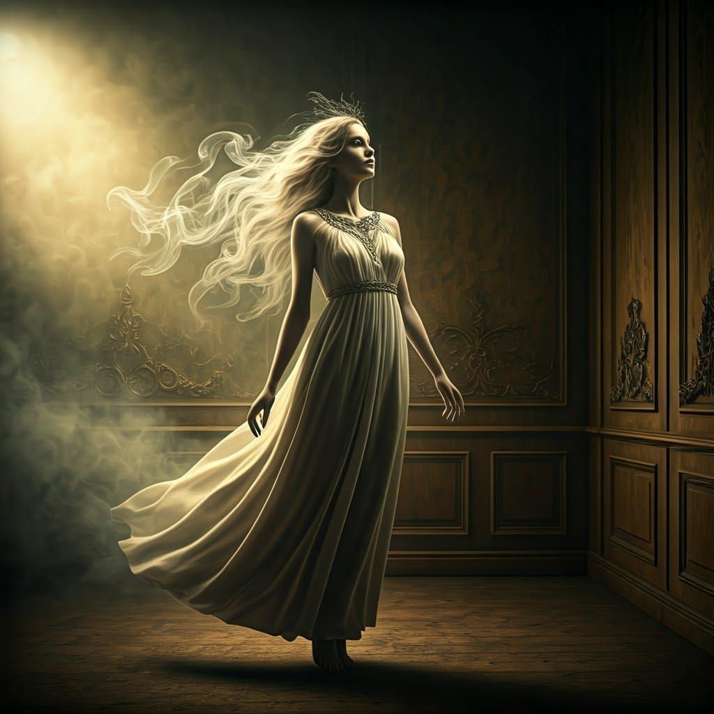 Ethereal Smoky Ghost Figure in Mystical Setting