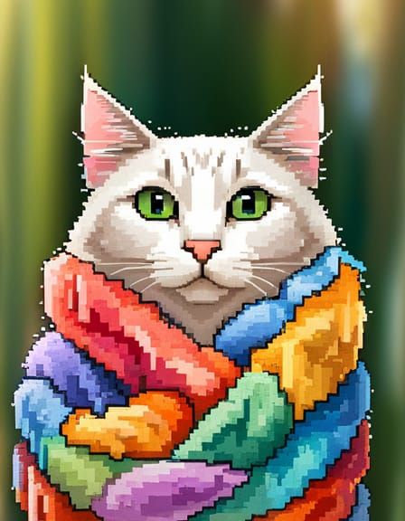 Pixel Art Cat Emerges in Rainbow Cocoon