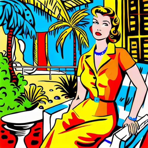 1950s Woman in Pop Art Portrait with Tropical Veranda