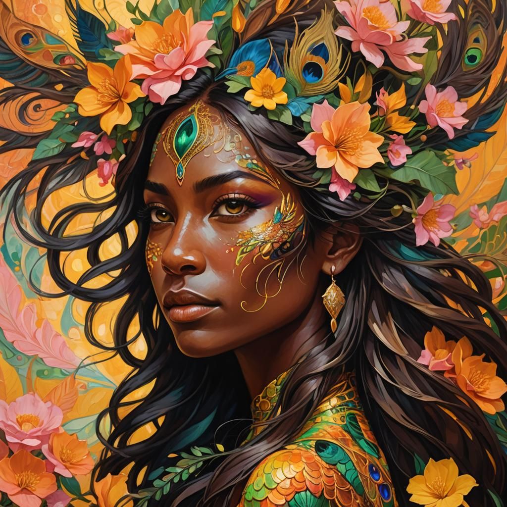 Peacock Woman Portrait in Art Nouveau Style