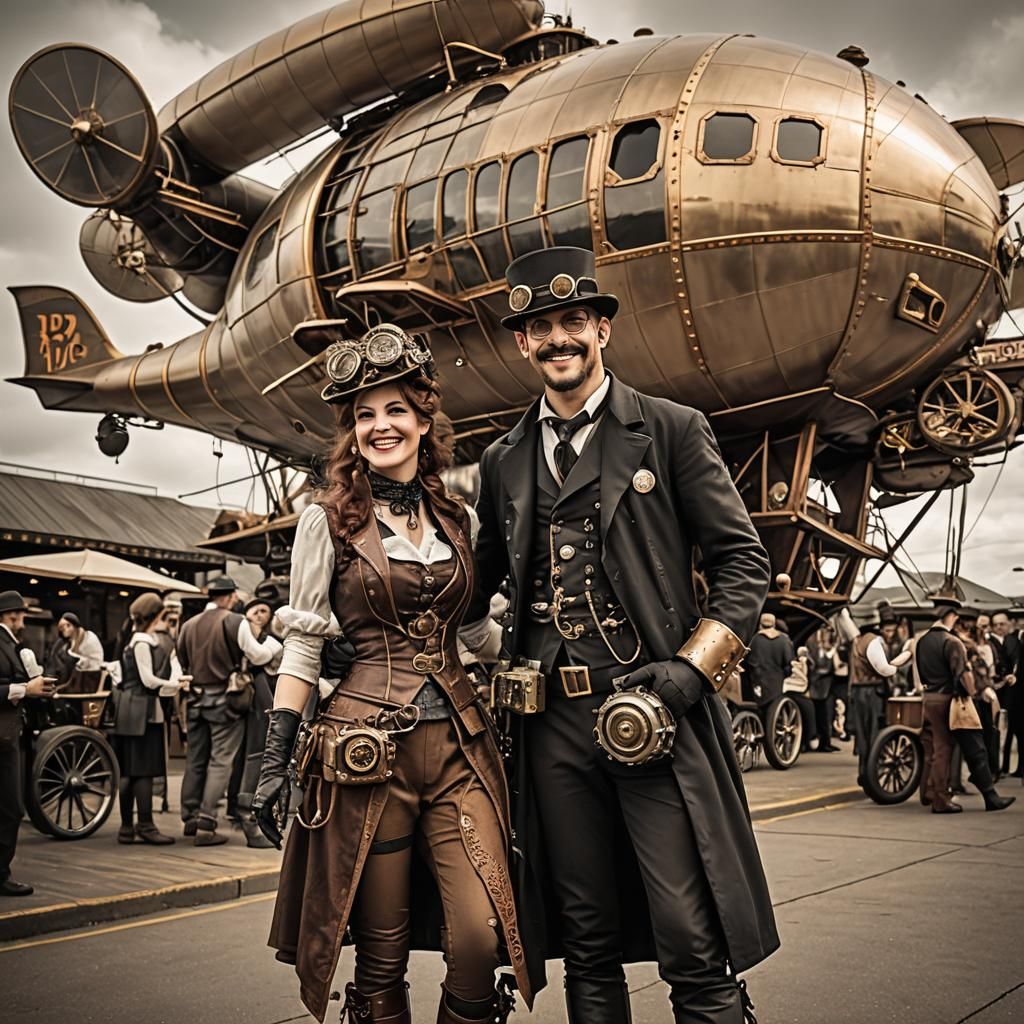 Steampunk Man Boards Blimp as Woman Waves