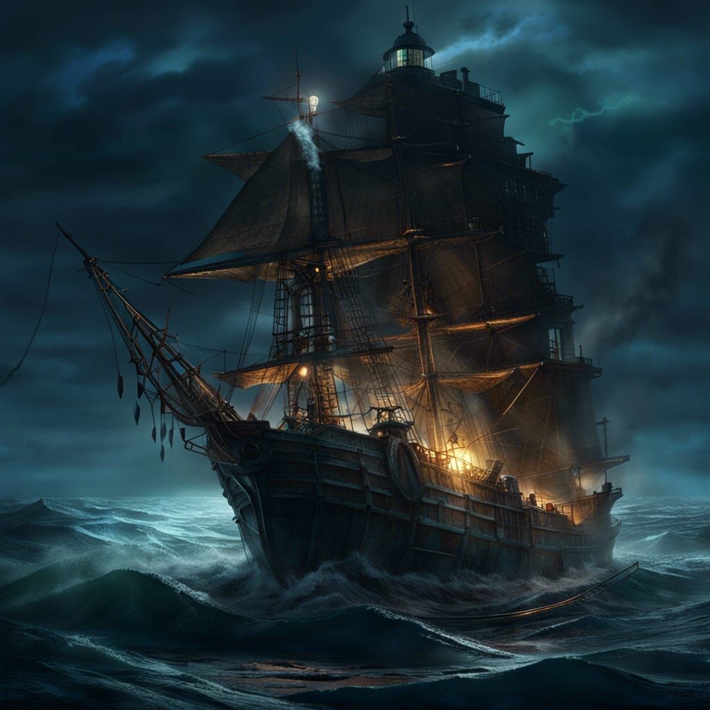 Ghost Ship Sails to Coast in Dark Fantasy Style