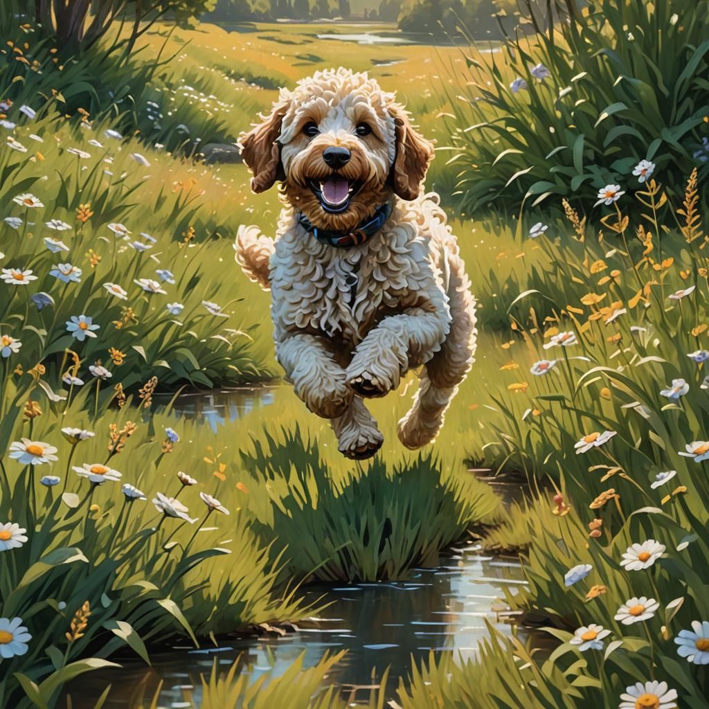 Happy Spoodle in Meadow, Children's Book Illustration