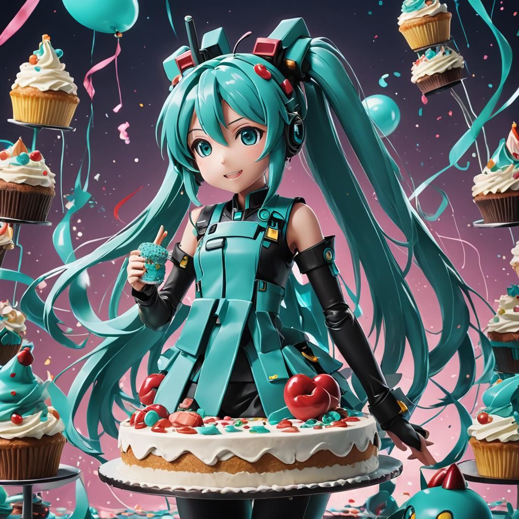 Hatsune Miku Cake with Laser, Cel-Shaded Anime Style