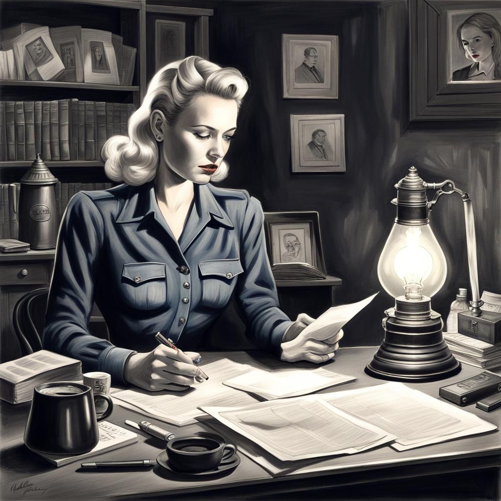 1940s Detective in Office: Hyperdetailed Charcoal Drawing