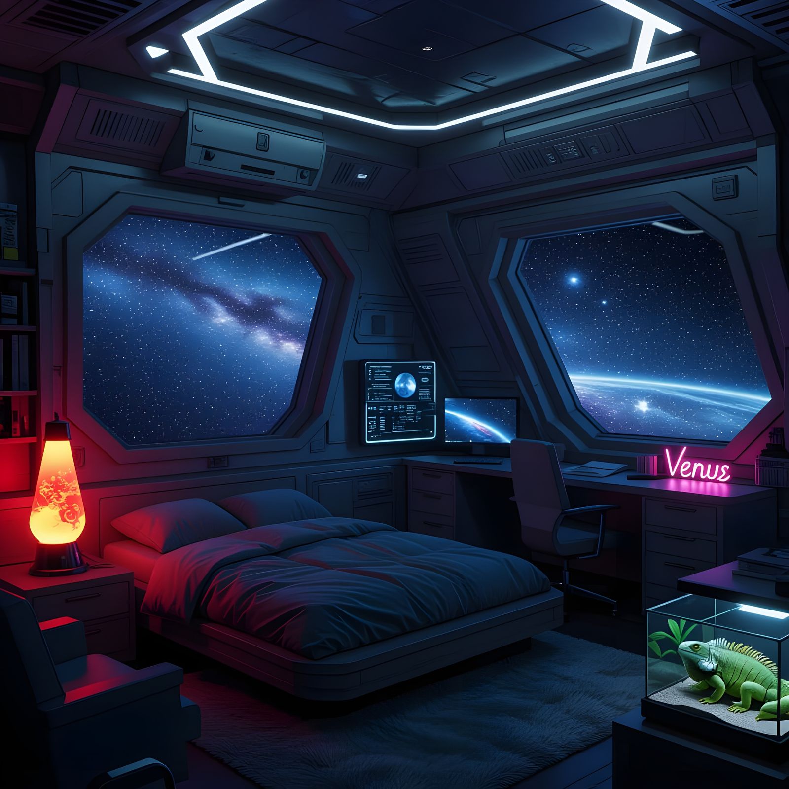 Cozy Spaceship Bedroom with a View of Venus