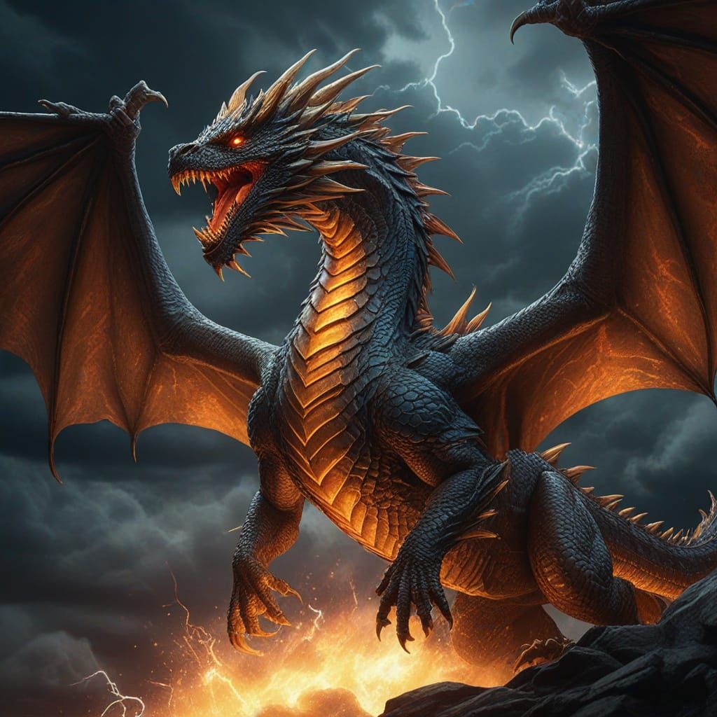 Majestic Fire Dragon Soaring in Stormy Sky