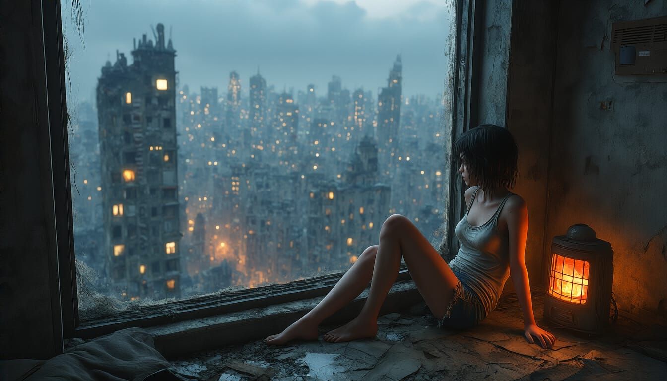 Survivor Gazes From Ruined Penthouse At City Lights