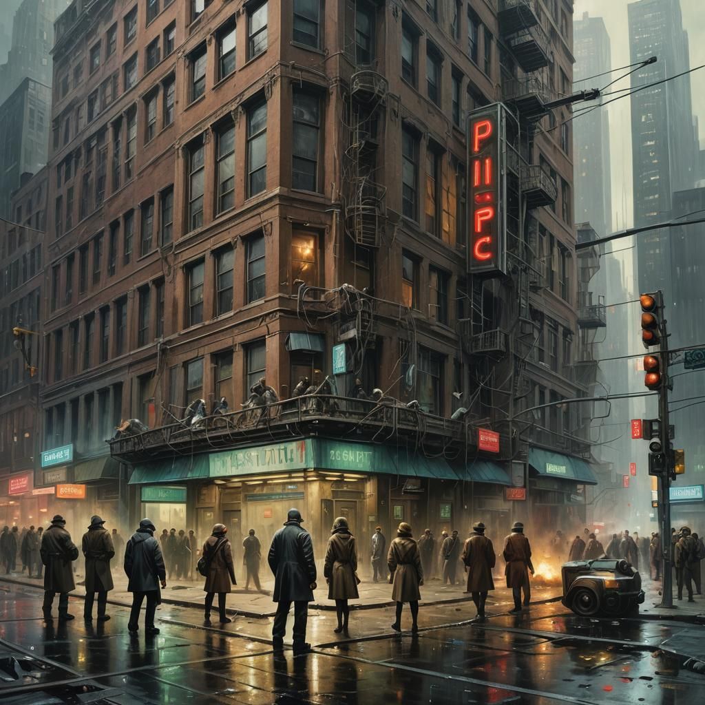 Dystopian Cyberpunk Action Masterpiece with Crosshatch Techn...