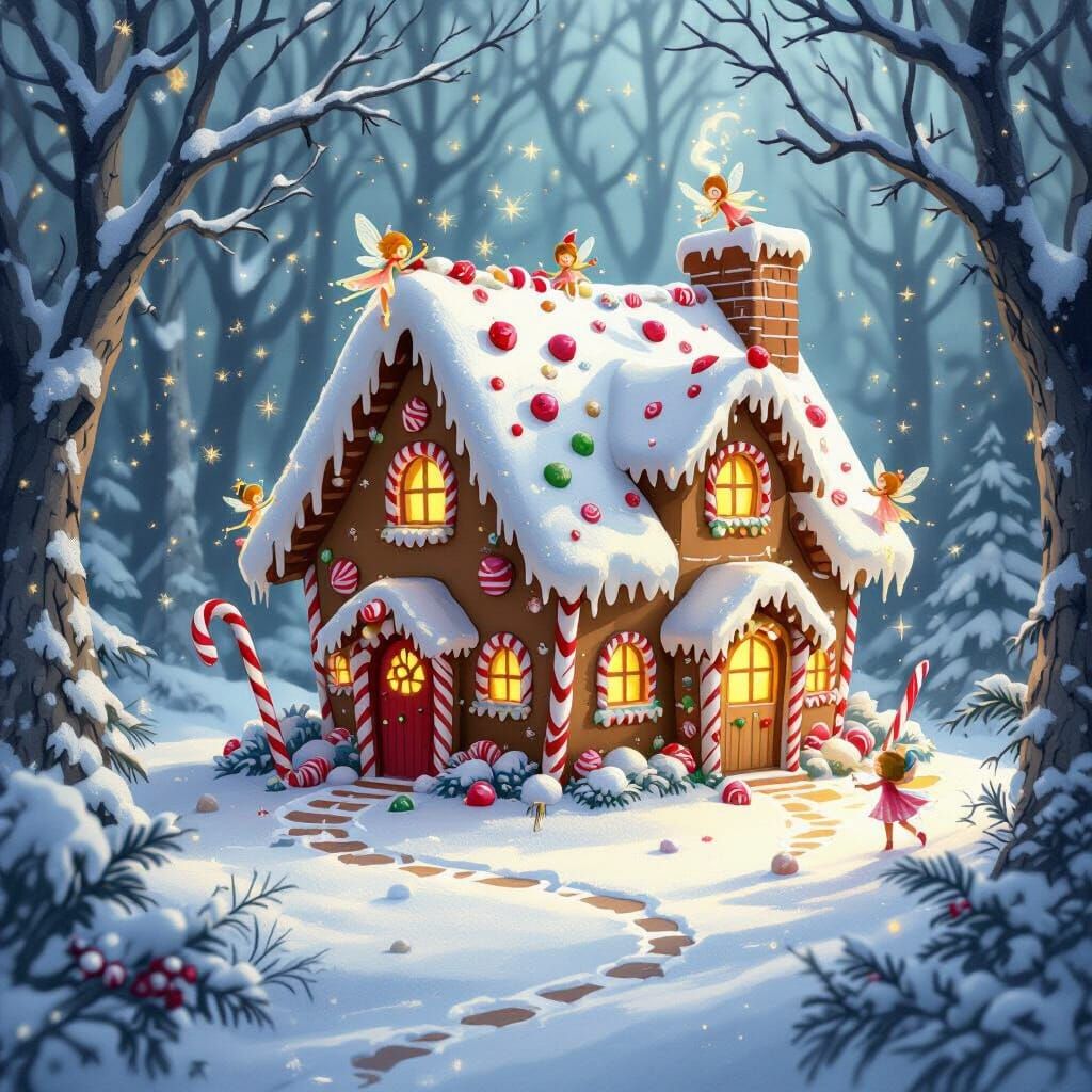 Enchanted Gingerbread House in Snowy Forest with Fairies