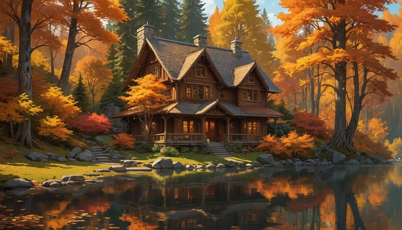 Autumnal Cottage Beside Lake, Hyper-Realistic Digital Art