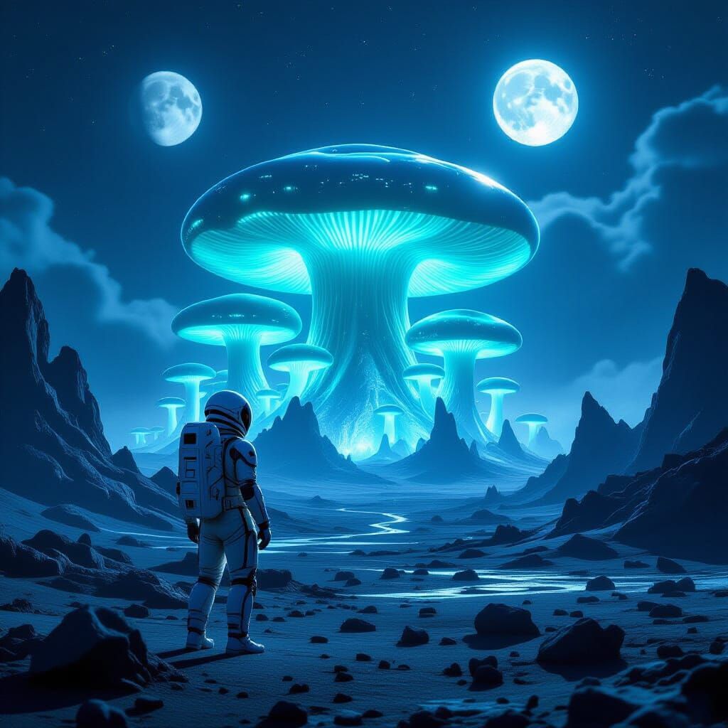 Astronaut on Alien Planet Gazing at Bioluminescent Mushroom ...