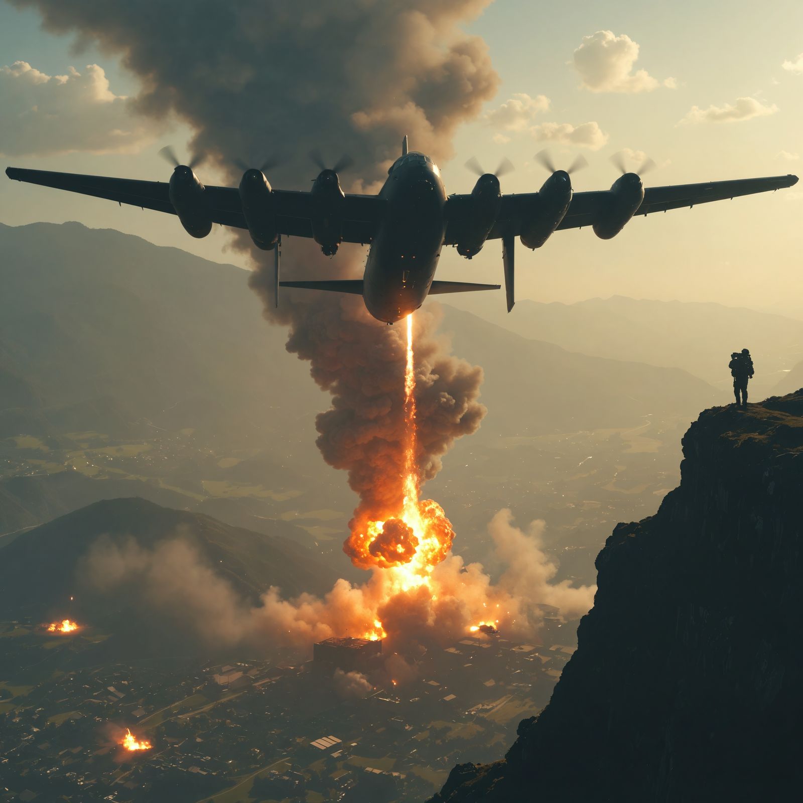 Black Bomber Over Industrial City: Detailed Matte Painting